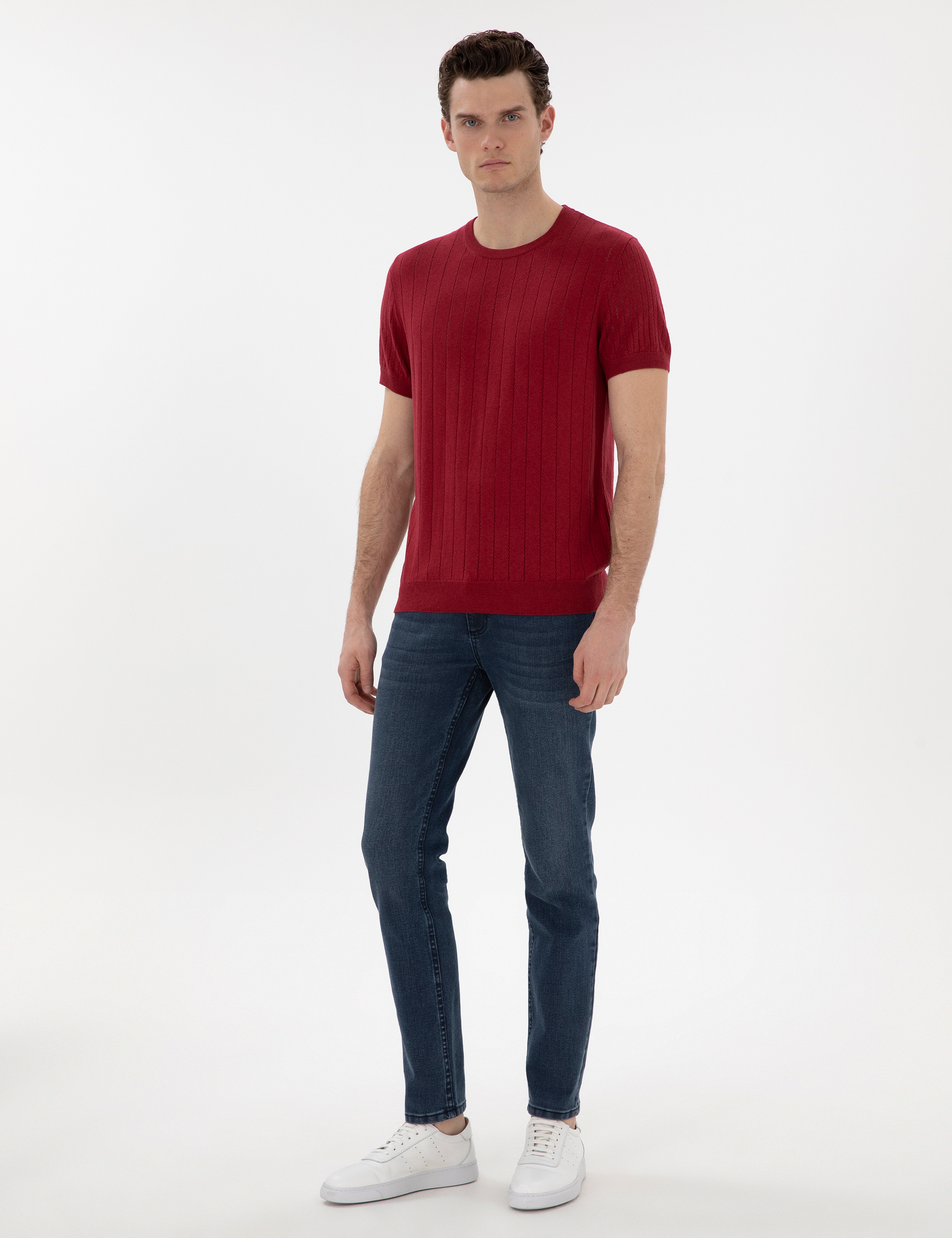 Nar Çiçeği Keten Karışımlı Regular Fit Bisiklet Yaka Triko Tişört - Image 4