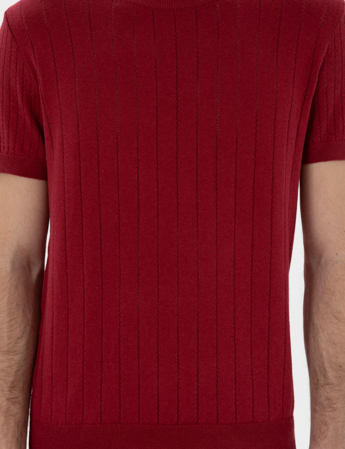 Nar Çiçeği Keten Karışımlı Regular Fit Bisiklet Yaka Triko Tişört - 50305992021