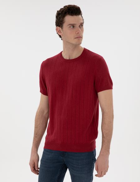 Nar Çiçeği Keten Karışımlı Regular Fit Bisiklet Yaka Triko Tişört - 50305992021