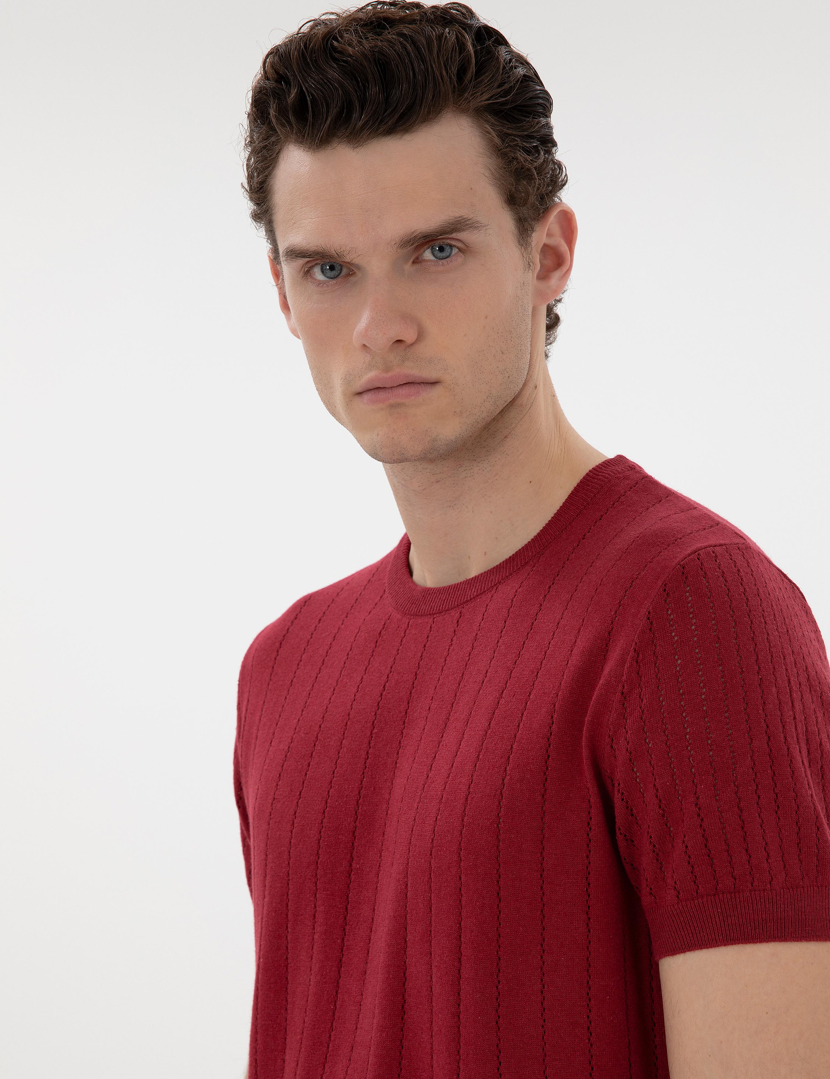 Nar Çiçeği Keten Karışımlı Regular Fit Bisiklet Yaka Triko Tişört