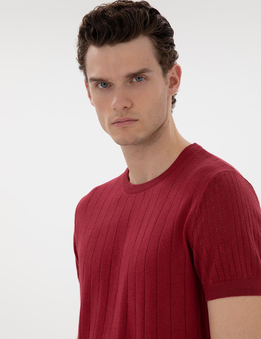 Nar Çiçeği Keten Karışımlı Regular Fit Bisiklet Yaka Triko Tişört