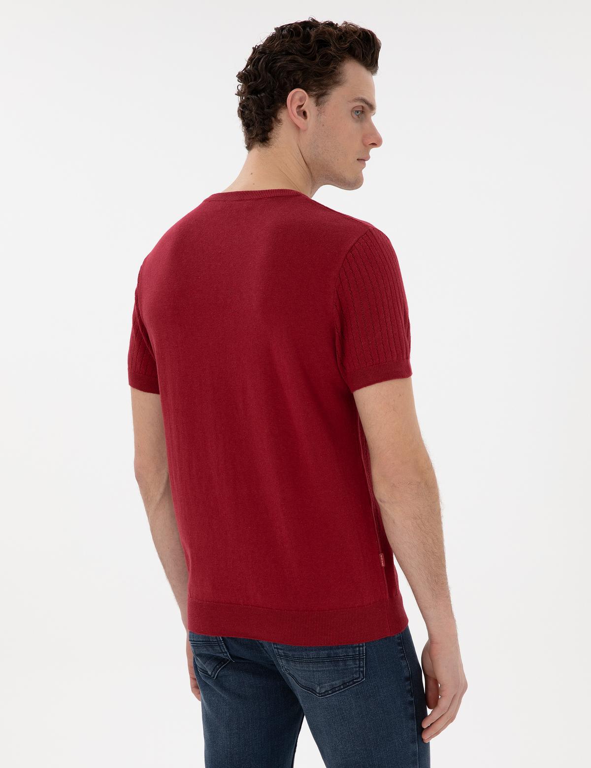 Nar Çiçeği Keten Karışımlı Regular Fit Bisiklet Yaka Triko Tişört - 50305992021