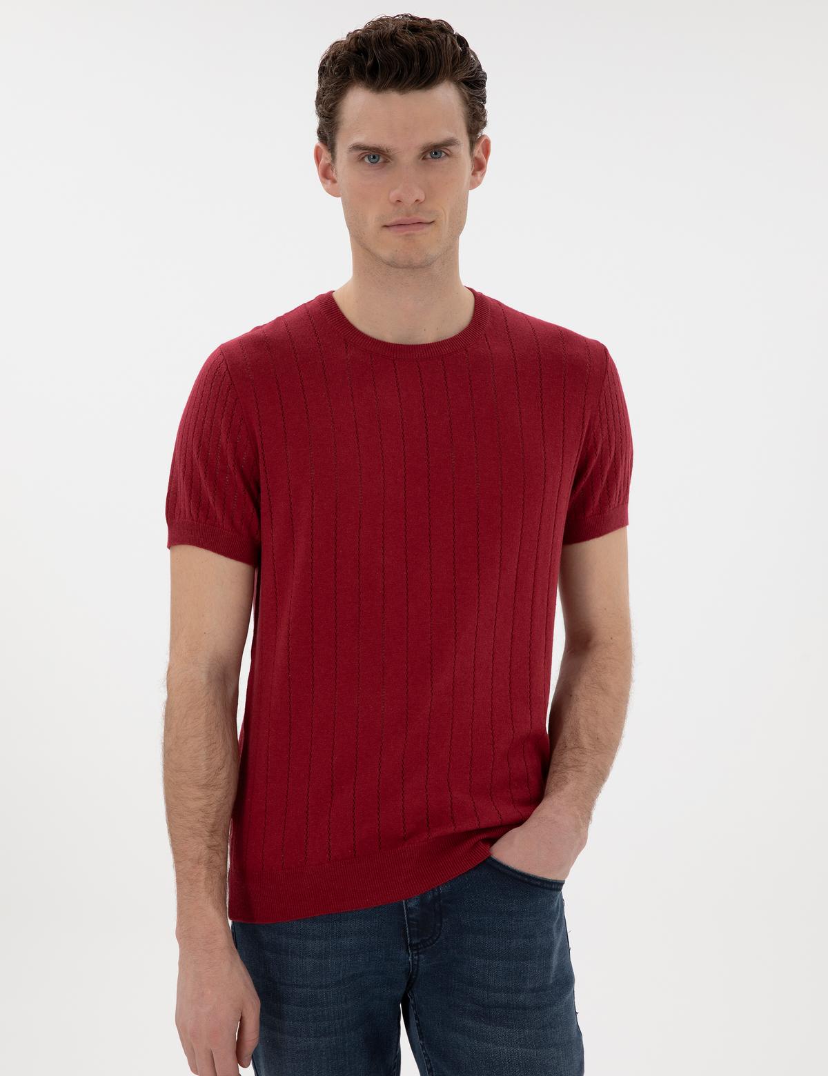 Nar Çiçeği Keten Karışımlı Regular Fit Bisiklet Yaka Triko Tişört - 50305992021