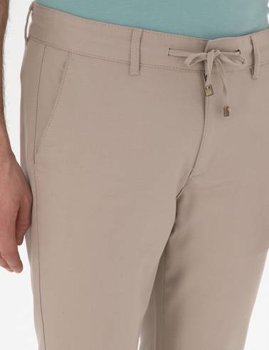 Bej Slim Fit Bağcıklı Kanvas Pantolon