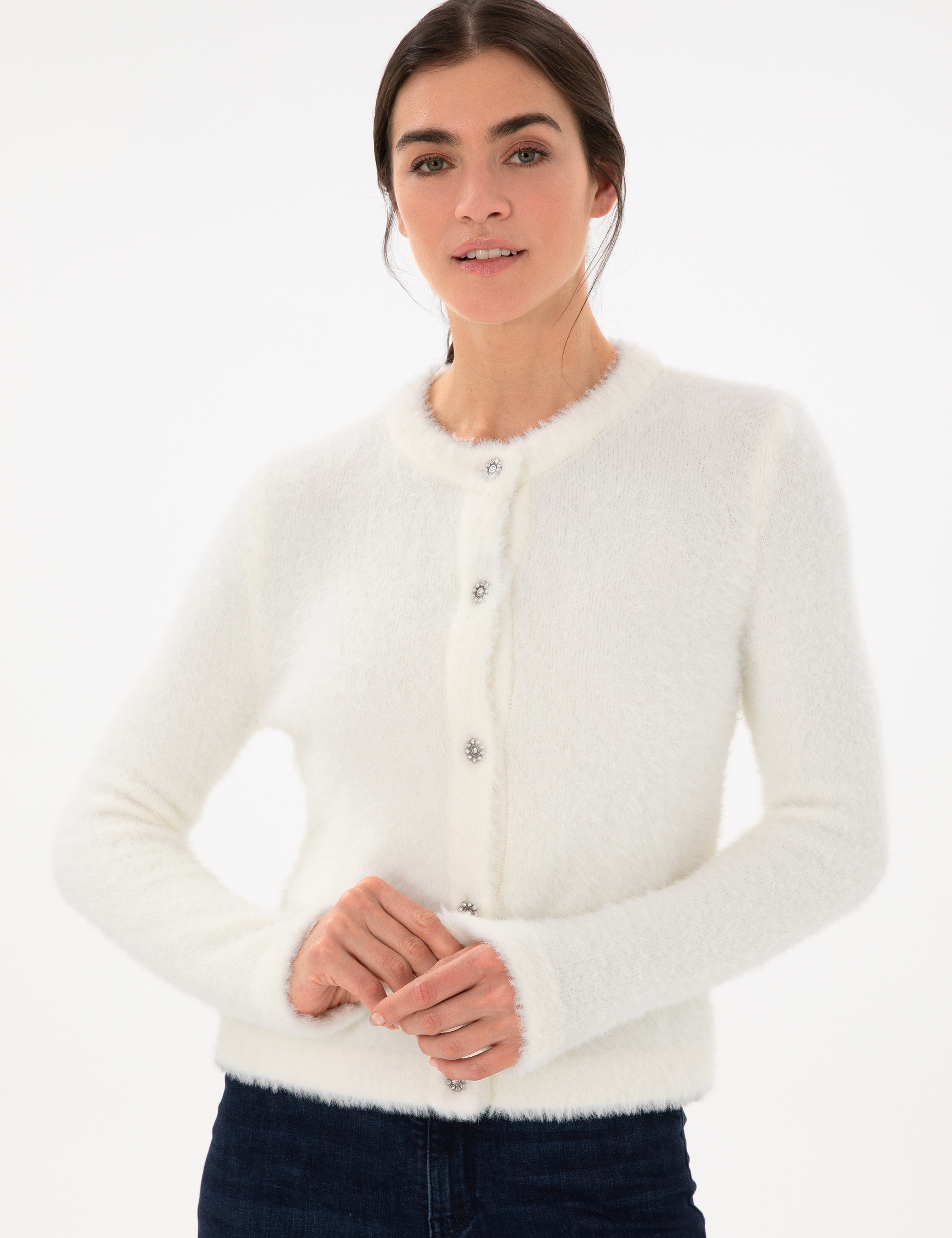 Ekru Slim Fit Triko Hırka - Image 3