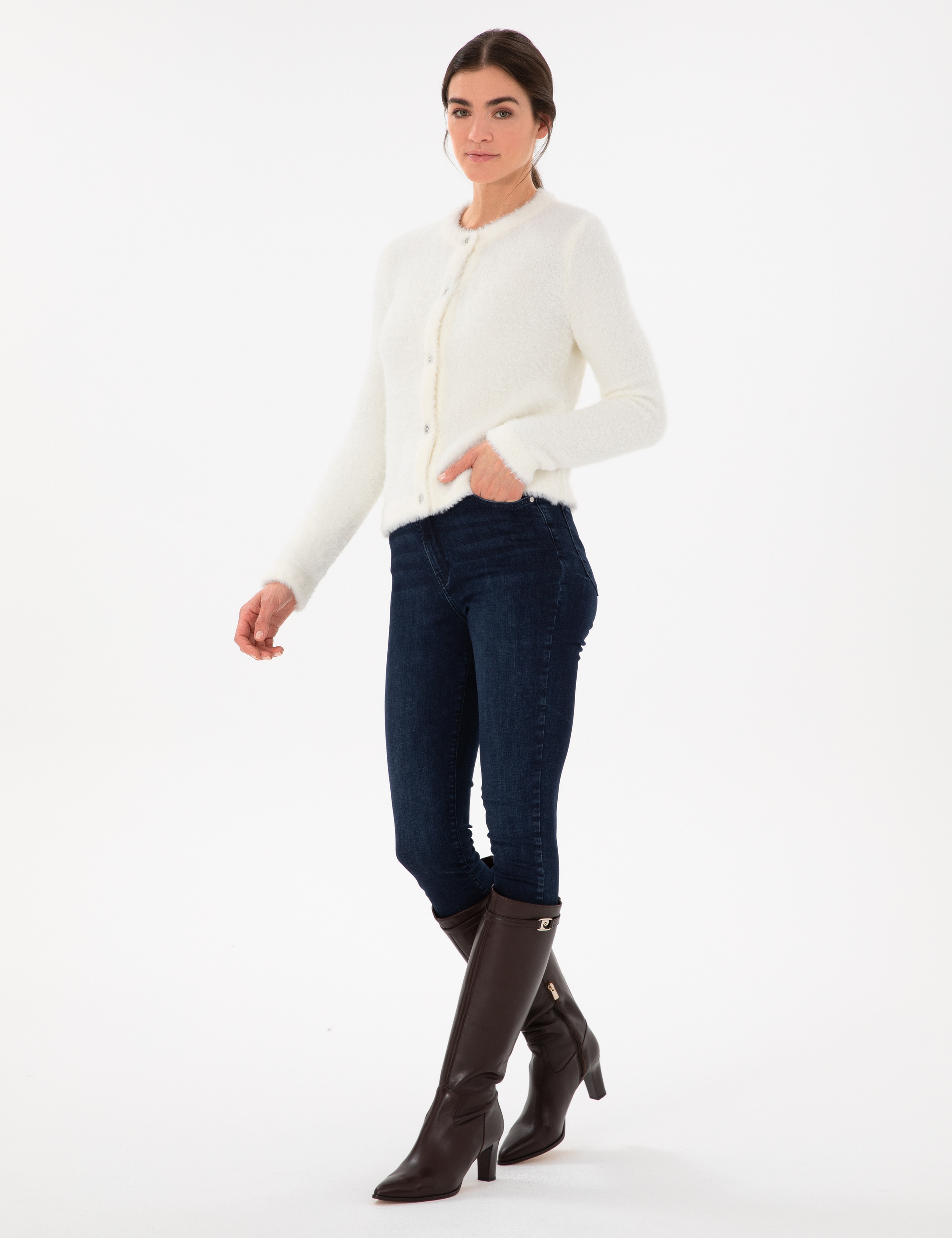 Ekru Slim Fit Triko Hırka - Image 4
