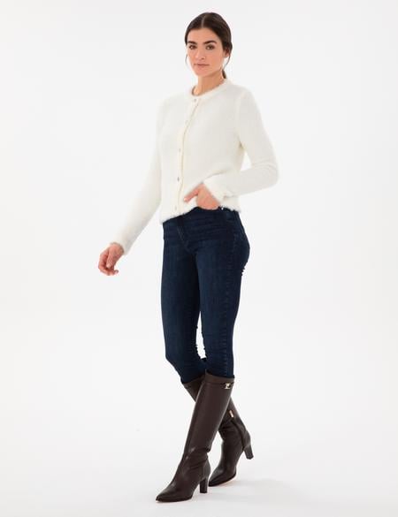 Ekru Slim Fit Triko Hırka - 50296579007