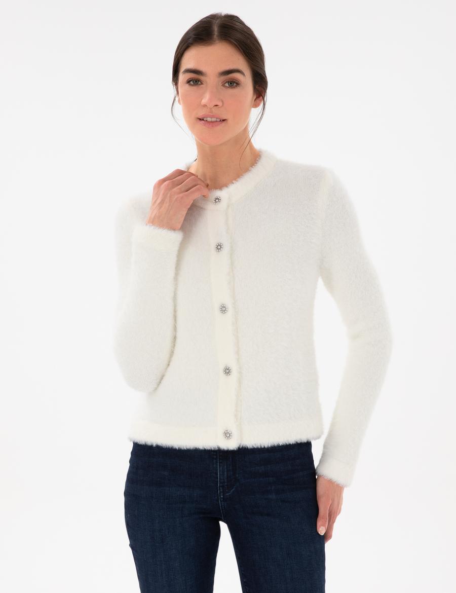 Ekru Slim Fit Triko Hırka