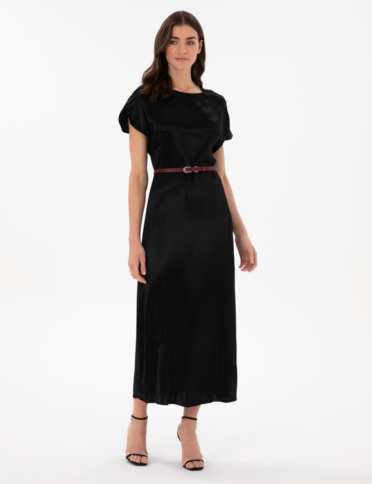 Siyah Comfort Fit Dokuma Elbise