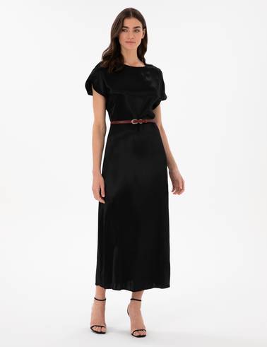 Siyah Comfort Fit Dokuma Elbise