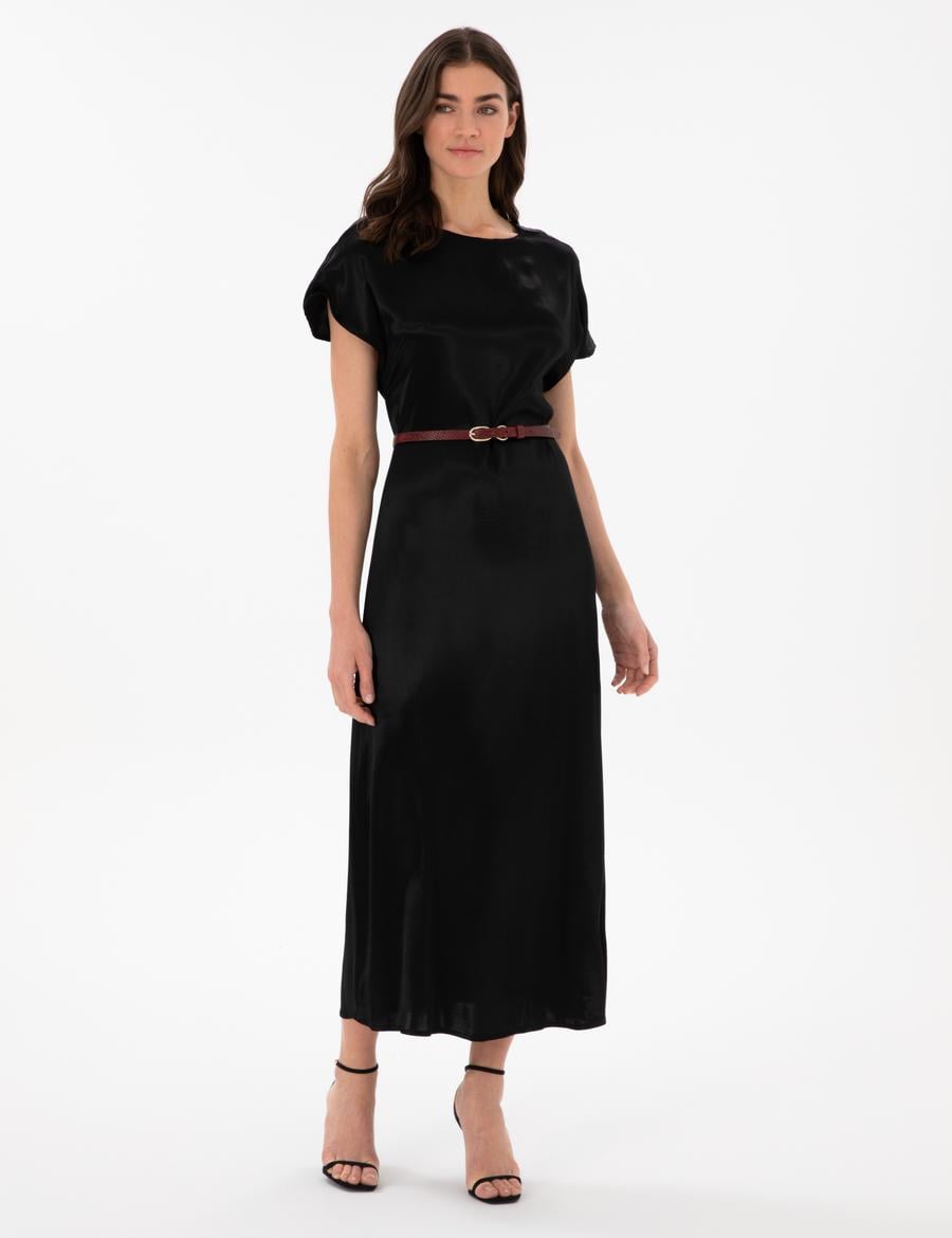 Siyah Comfort Fit Dokuma Elbise