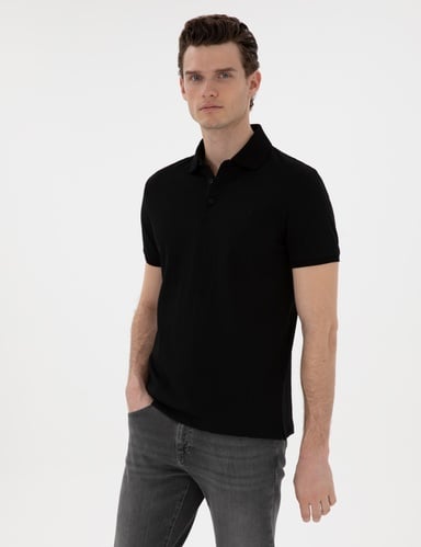 Siyah Slim Fit Düğmeli Polo Yaka Tişört