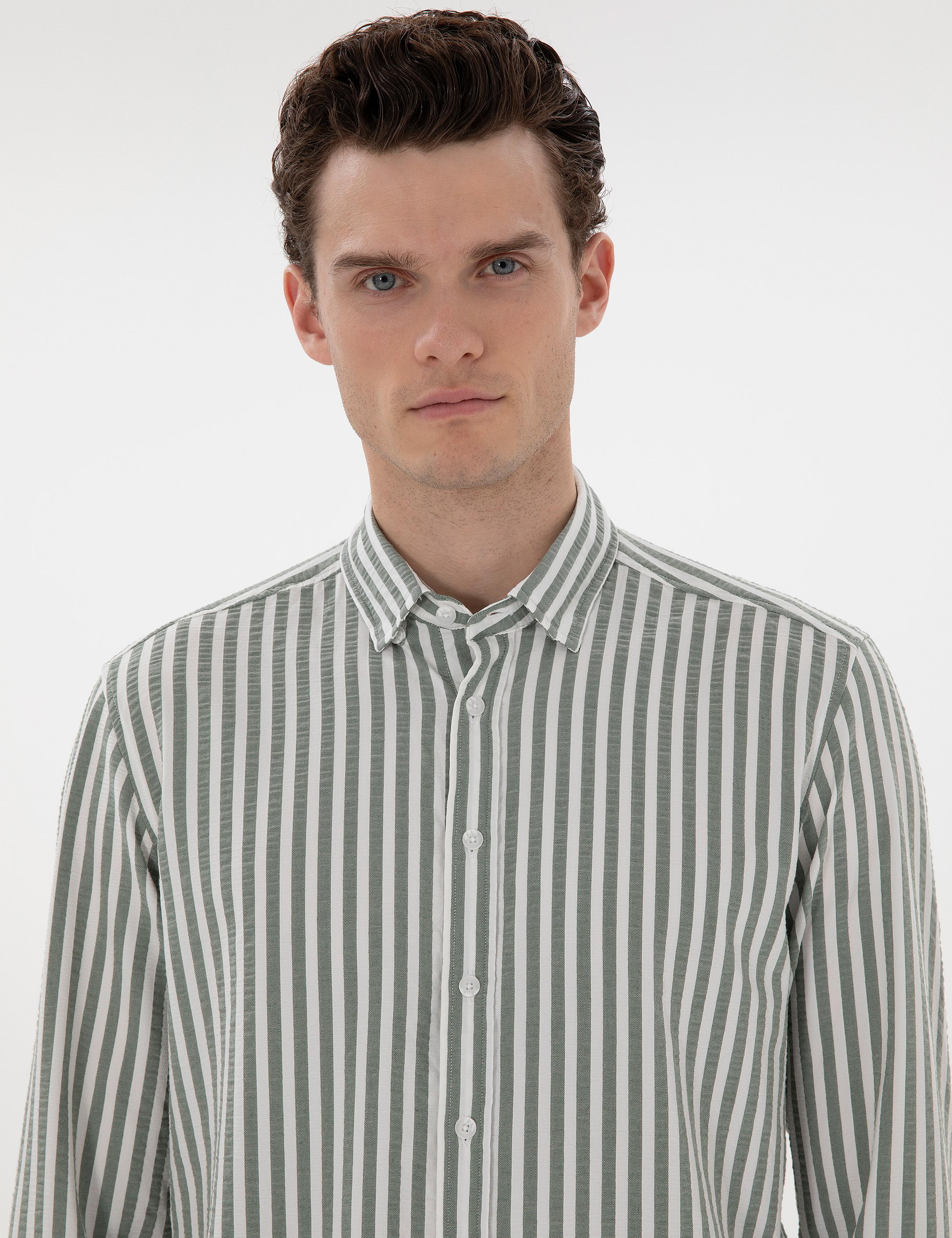 Haki Regular Fit Çizgili Uzun Kollu Gömlek