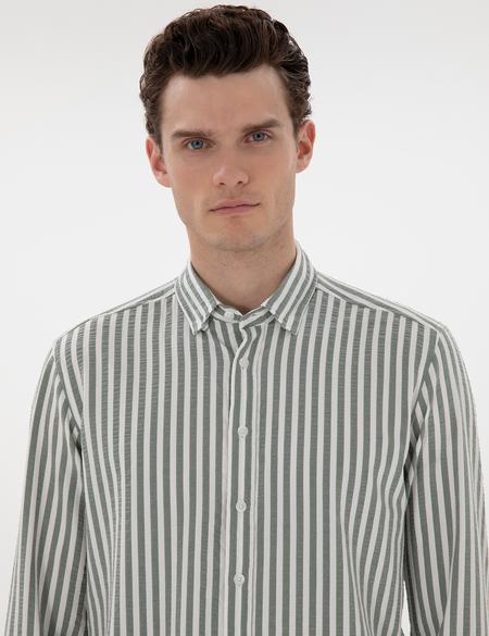 Haki Regular Fit Çizgili Uzun Kollu Gömlek - 50301533033