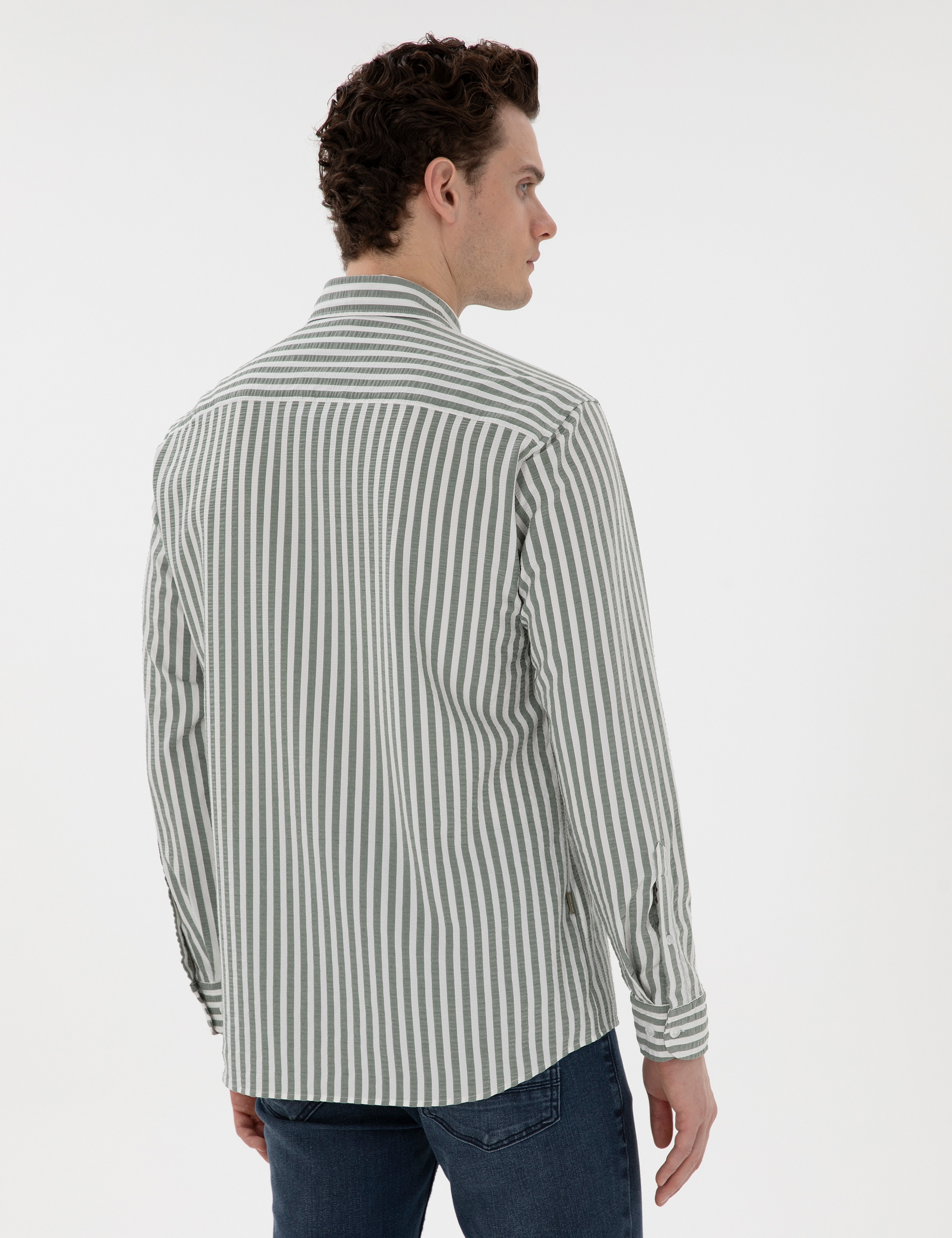 Haki Regular Fit Çizgili Uzun Kollu Gömlek - Image 5
