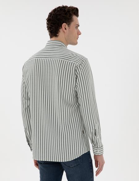 Haki Regular Fit Çizgili Uzun Kollu Gömlek - 50301533033