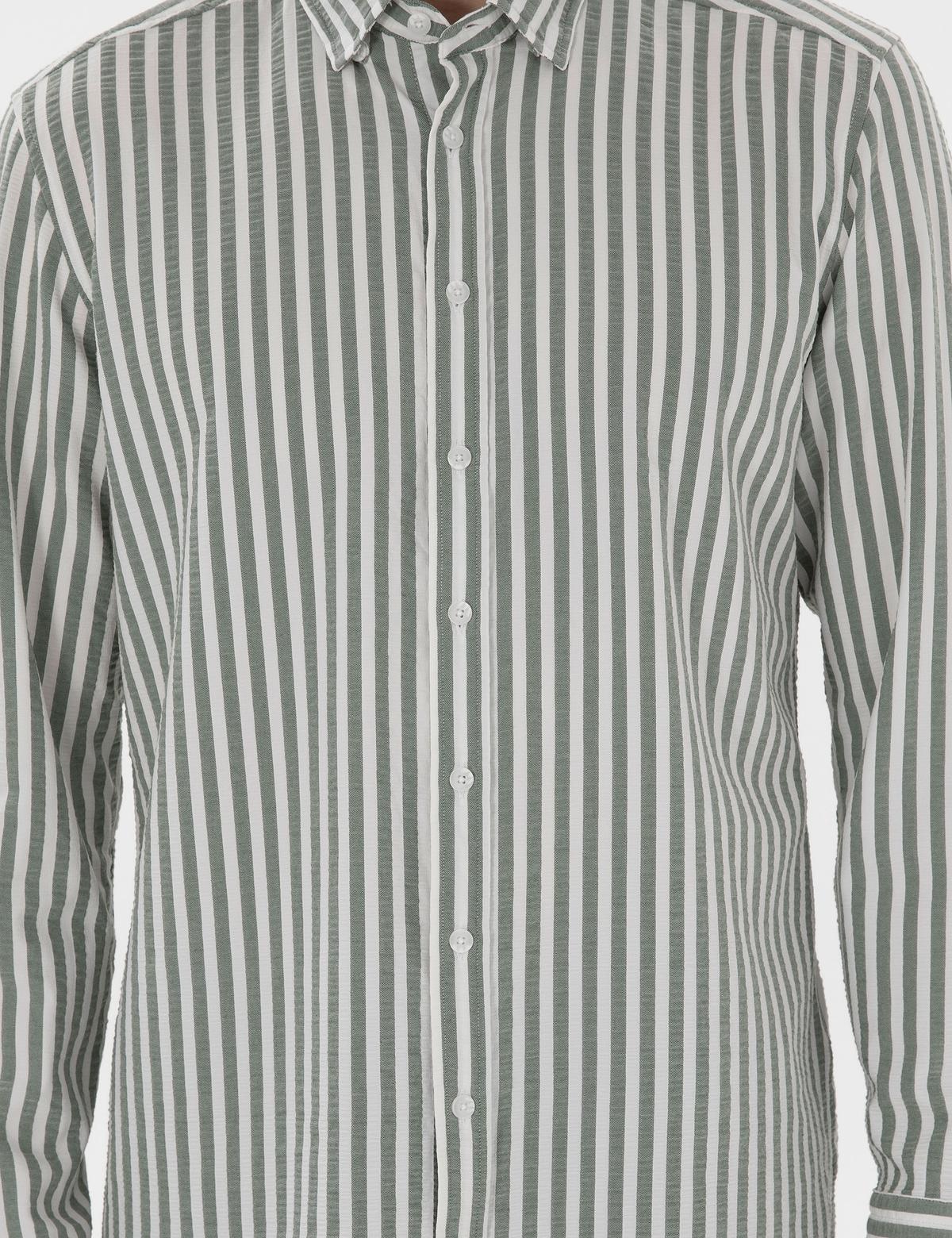 Haki Regular Fit Çizgili Uzun Kollu Gömlek - 50301533033