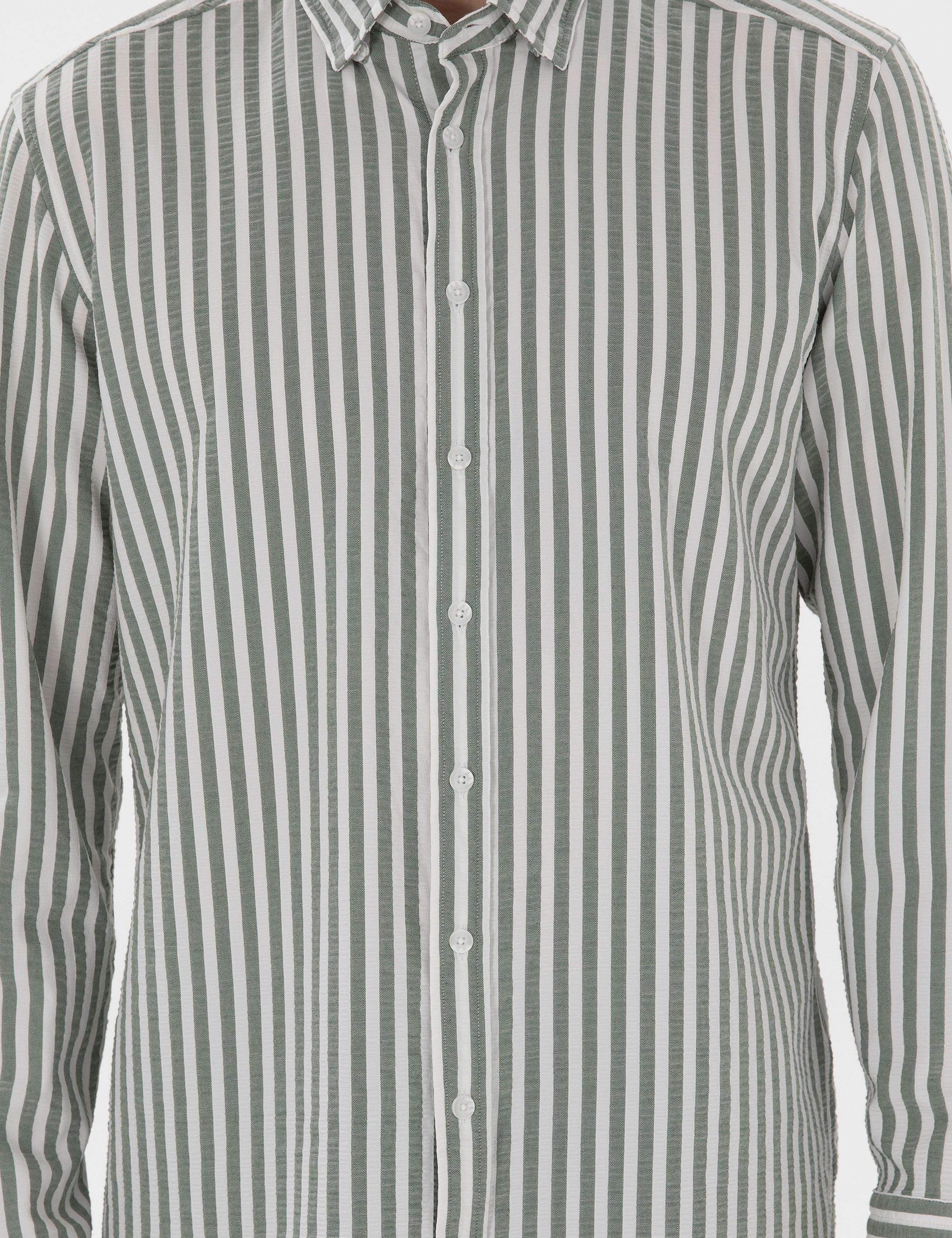 Haki Regular Fit Çizgili Uzun Kollu Gömlek