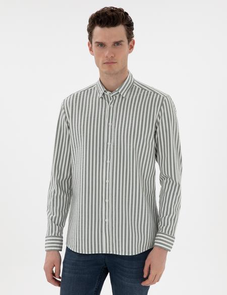 Haki Regular Fit Çizgili Uzun Kollu Gömlek - 50301533033