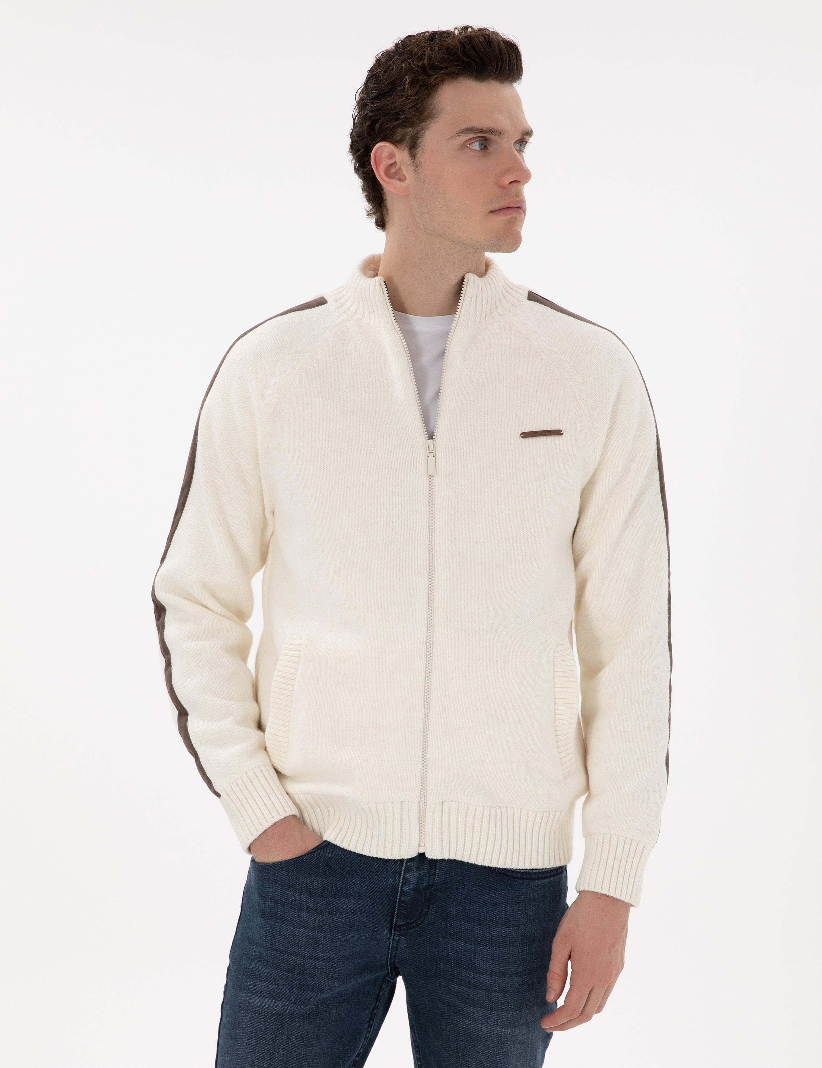 Ekru Comfort Fit Yün Karışımlı Triko Hırka