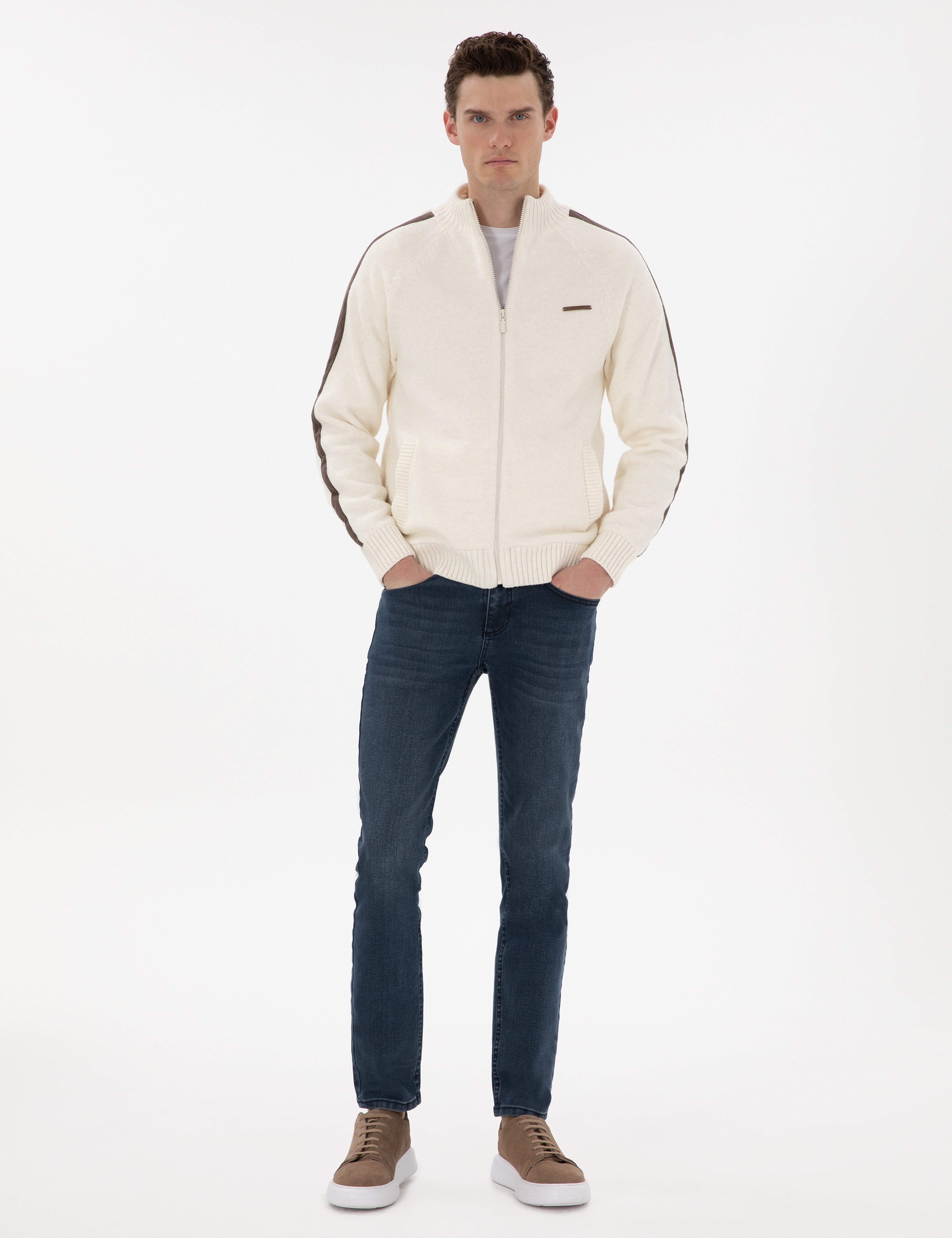 Ekru Comfort Fit Yün Karışımlı Triko Hırka - Image 4
