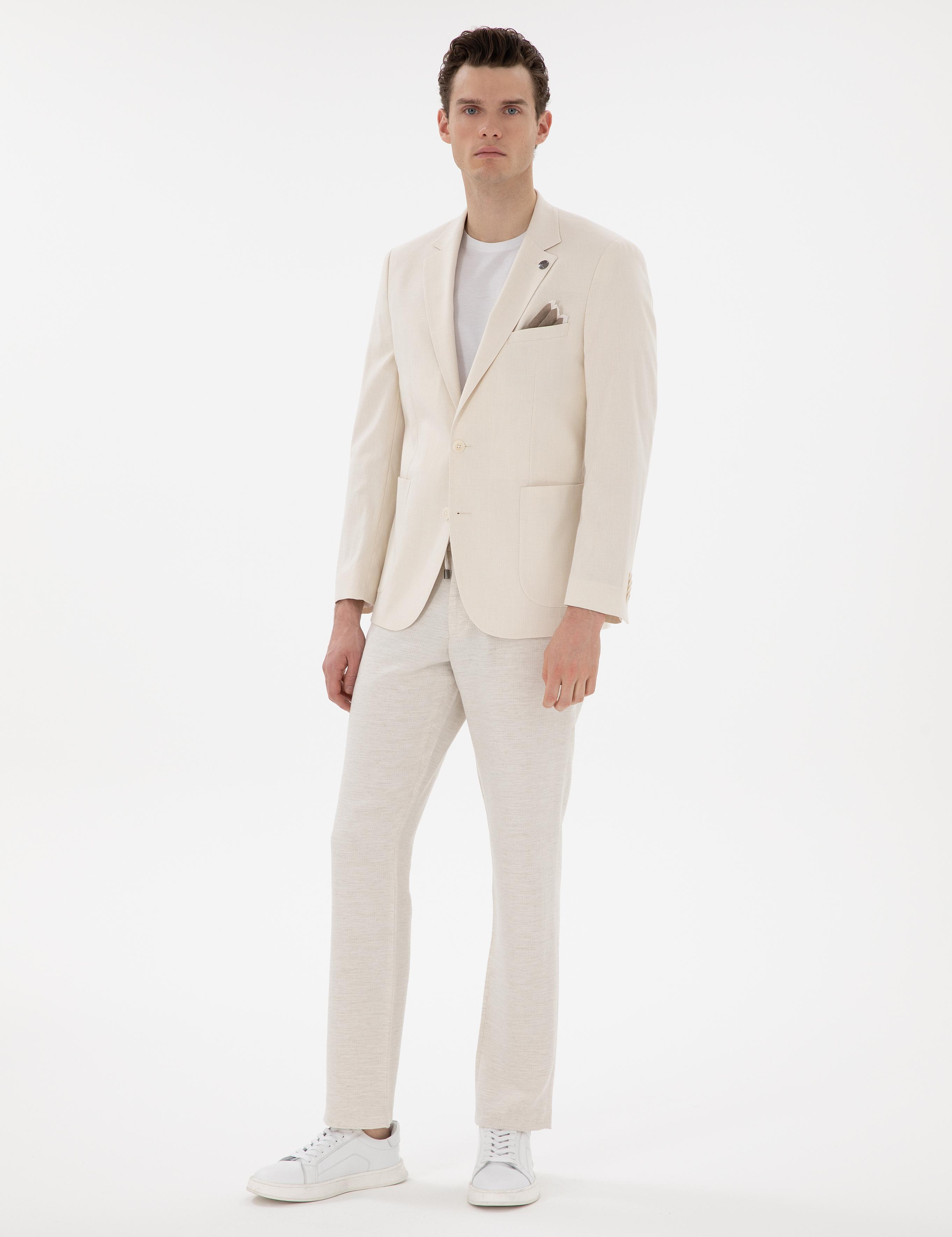 Ekru Ex. Slim Fit Keten Karışımlı Ceket