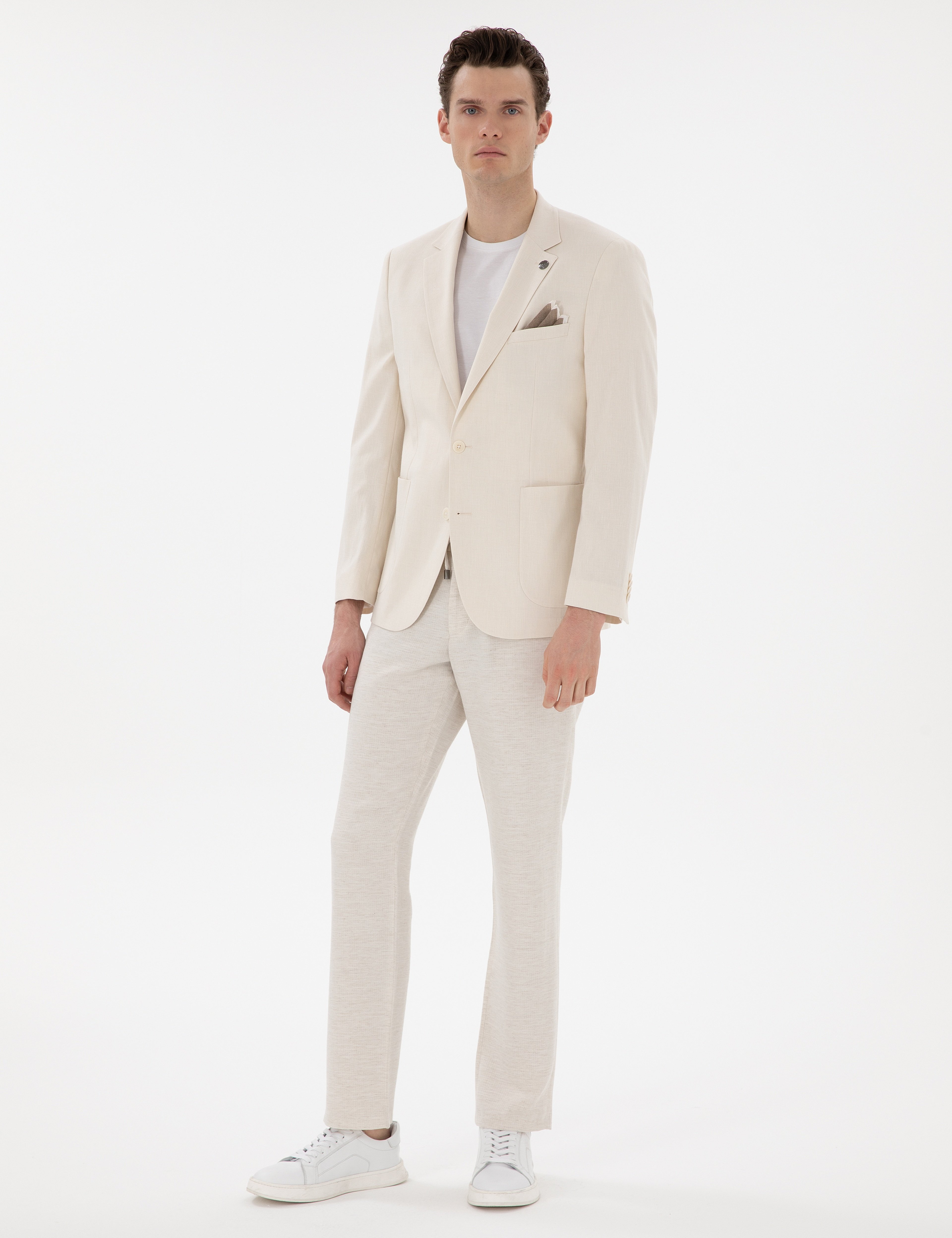 Ekru Ex. Slim Fit Keten Karışımlı Ceket