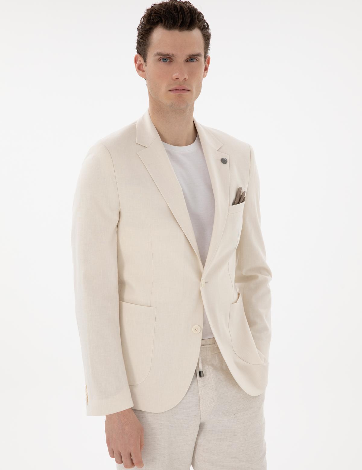 Ekru Ex. Slim Fit Keten Karışımlı Ceket - 50304101083