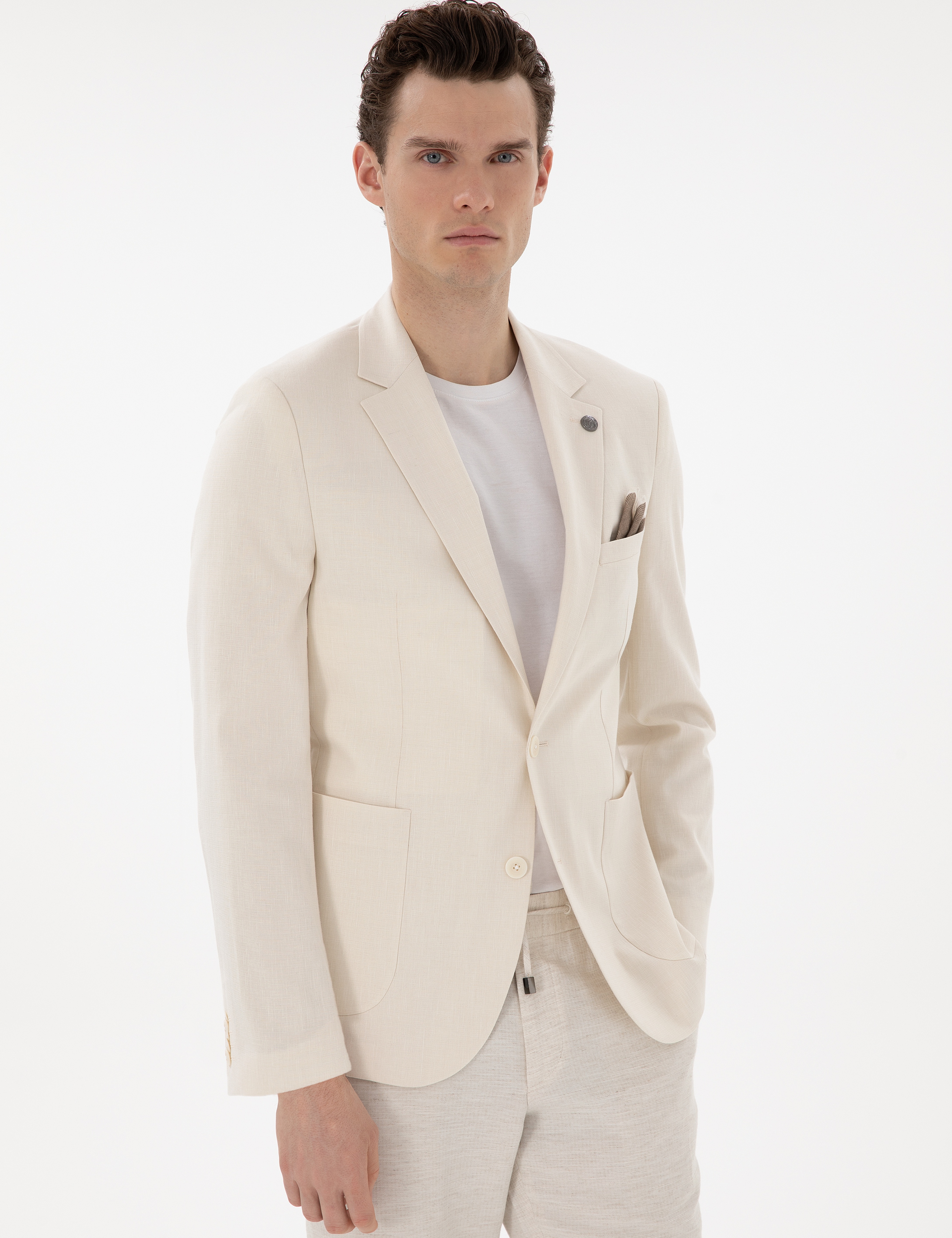 Ekru Ex. Slim Fit Keten Karışımlı Ceket - Image 3