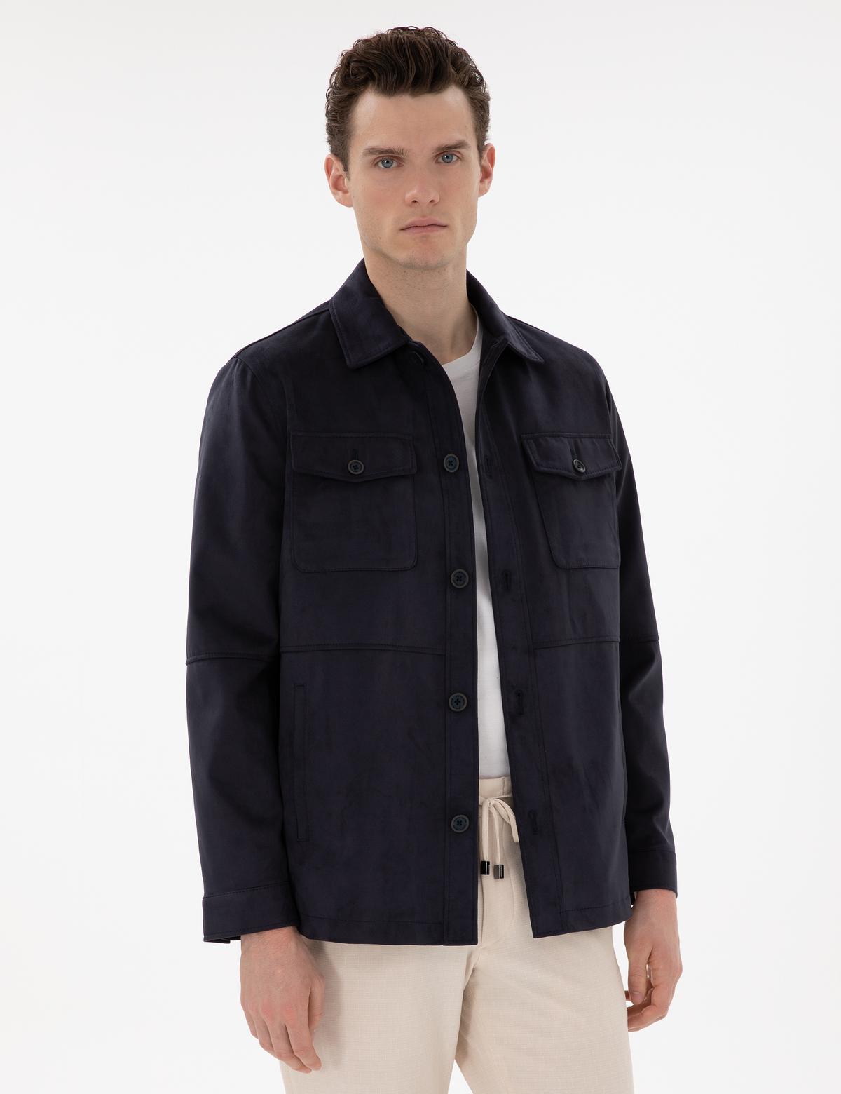 Lacivert Gömlek Yaka Suni Deri Ceket