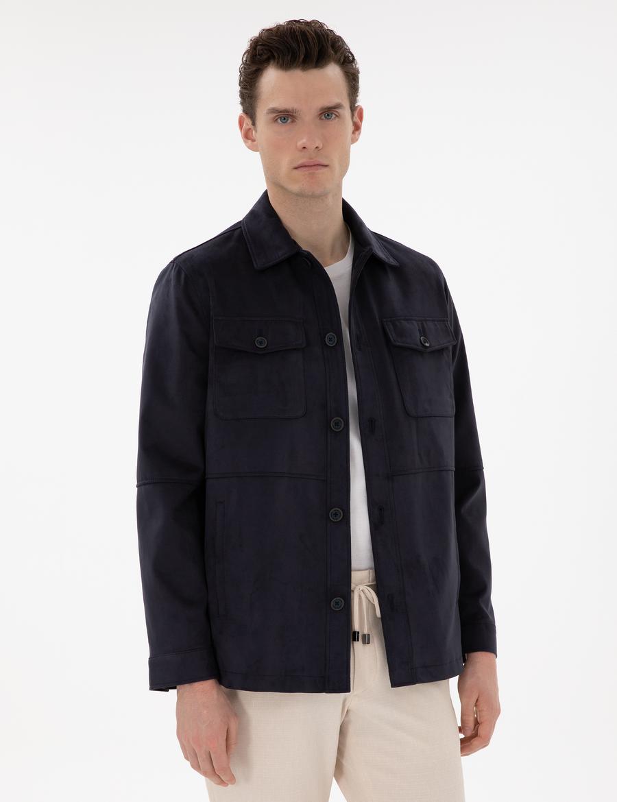 Lacivert Gömlek Yaka Suni Deri Ceket