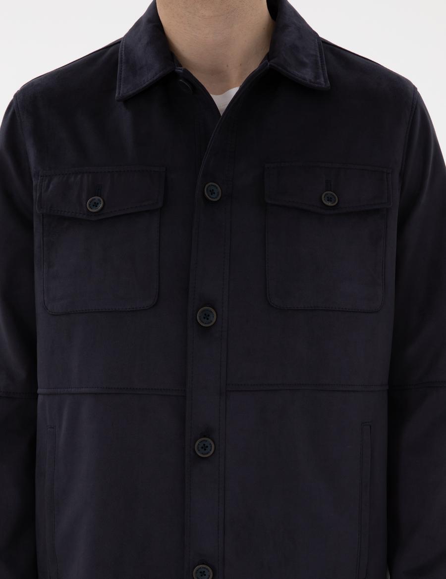 Lacivert Gömlek Yaka Suni Deri Ceket