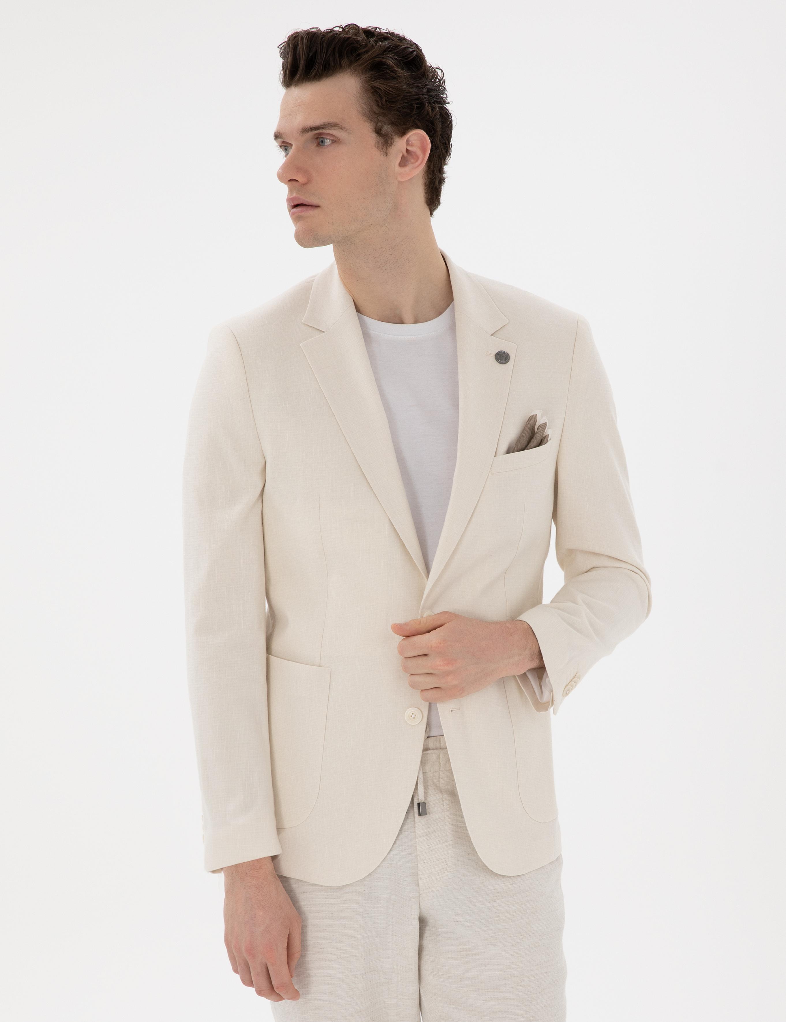 Ekru Ex. Slim Fit Keten Karışımlı Ceket