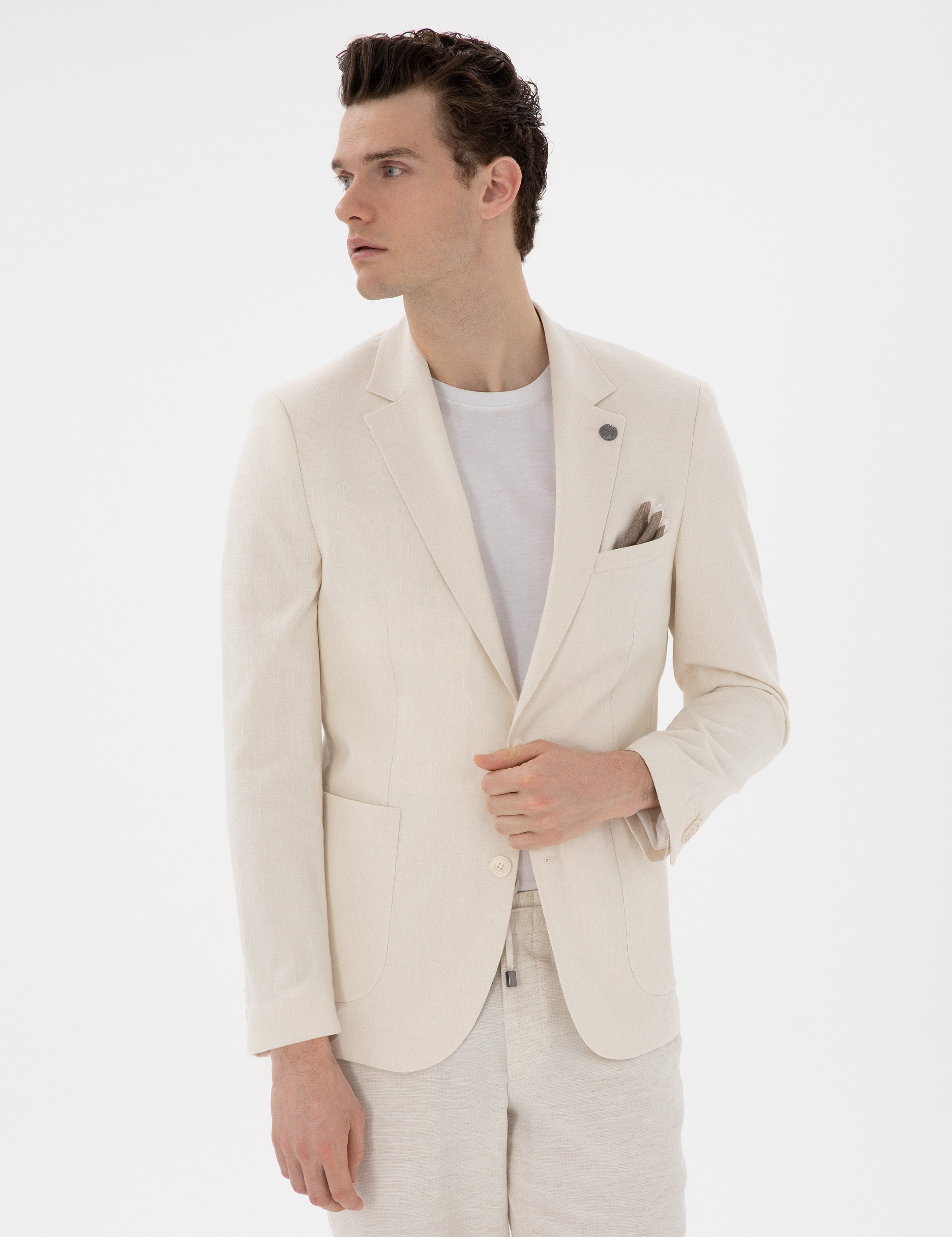 Ekru Ex. Slim Fit Keten Karışımlı Ceket - Image 1