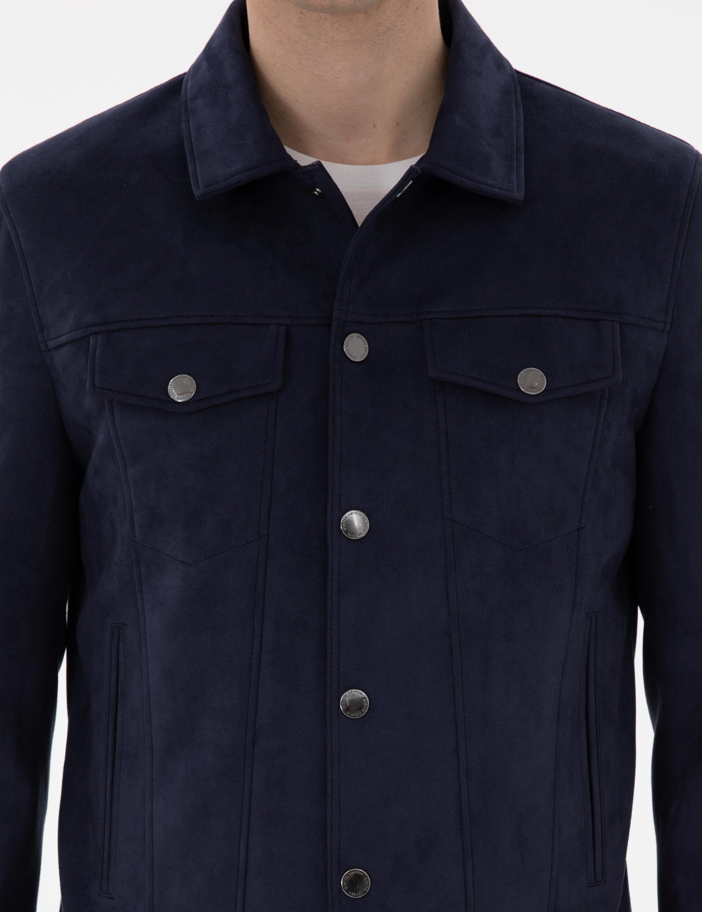 Lacivert Gömlek Yaka Suni Deri Ceket