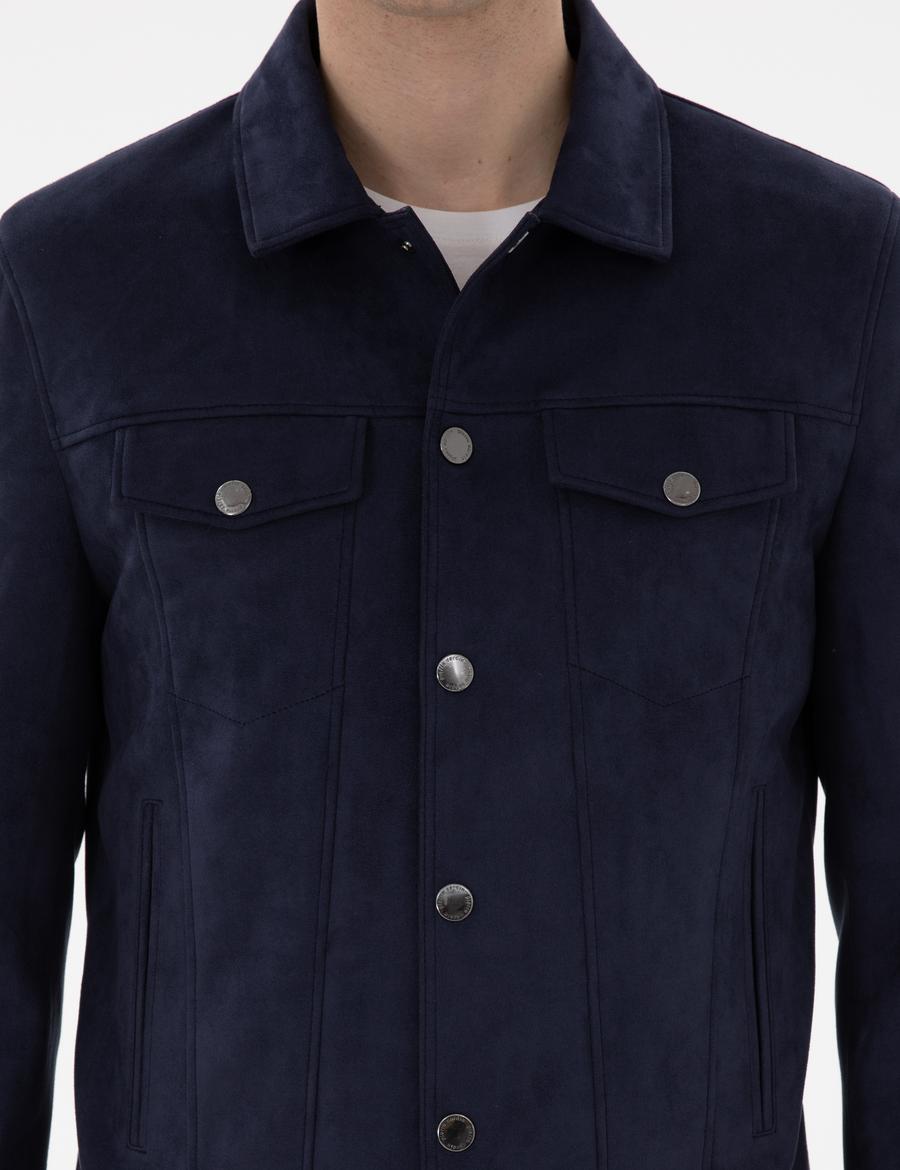 Lacivert Gömlek Yaka Suni Deri Ceket