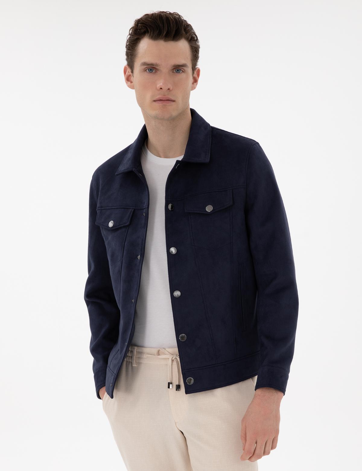 Lacivert Gömlek Yaka Suni Deri Ceket