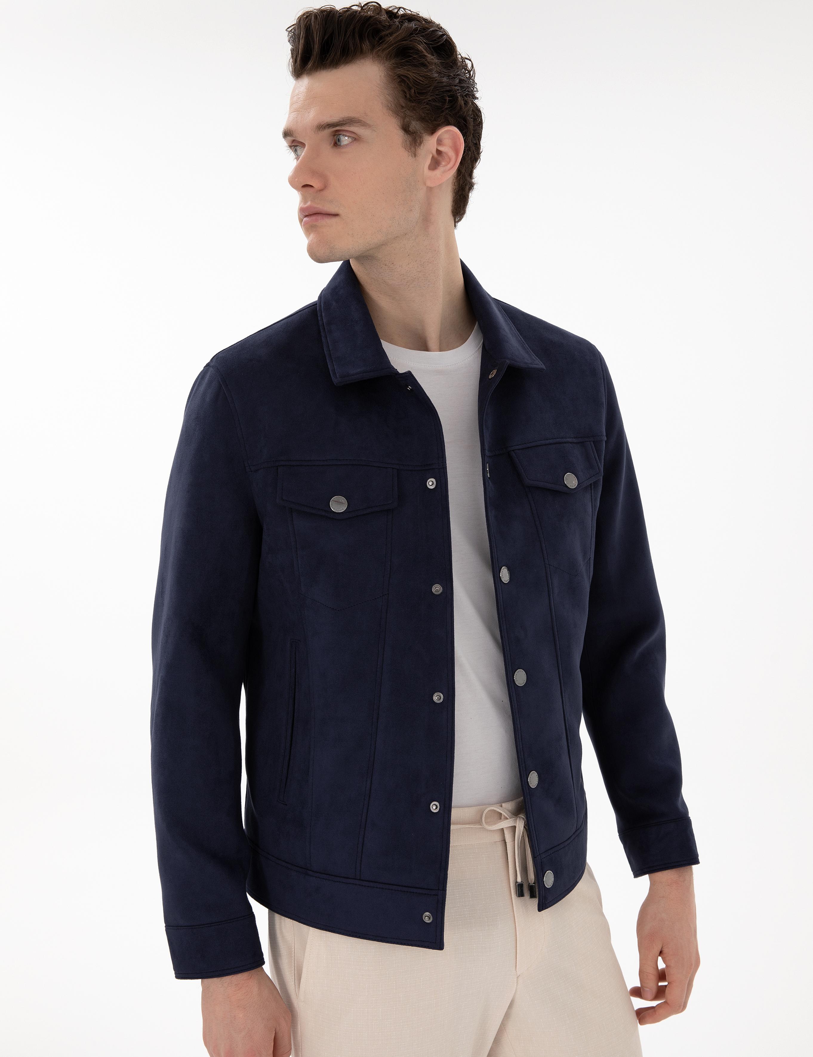 Lacivert Gömlek Yaka Suni Deri Ceket