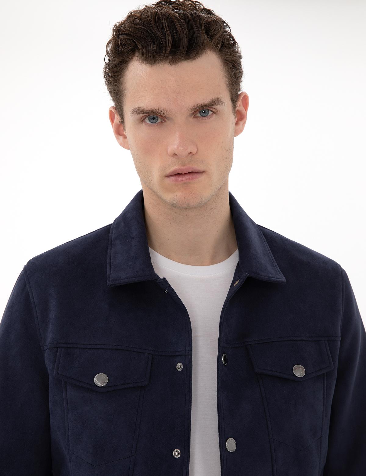 Lacivert Gömlek Yaka Suni Deri Ceket - 50312346004