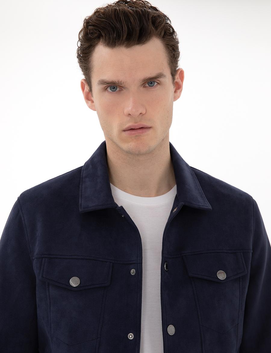 Lacivert Gömlek Yaka Suni Deri Ceket