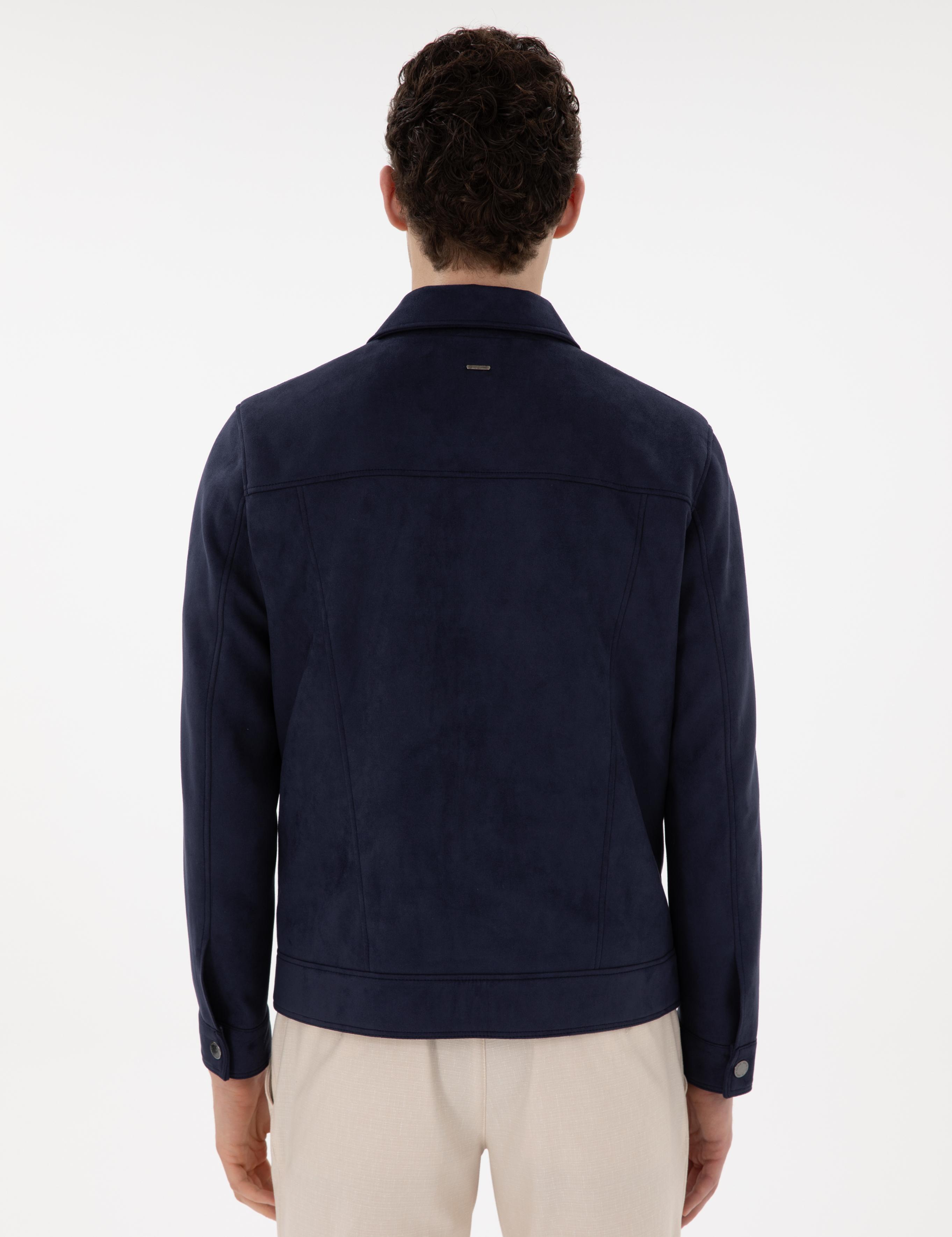 Lacivert Gömlek Yaka Suni Deri Ceket