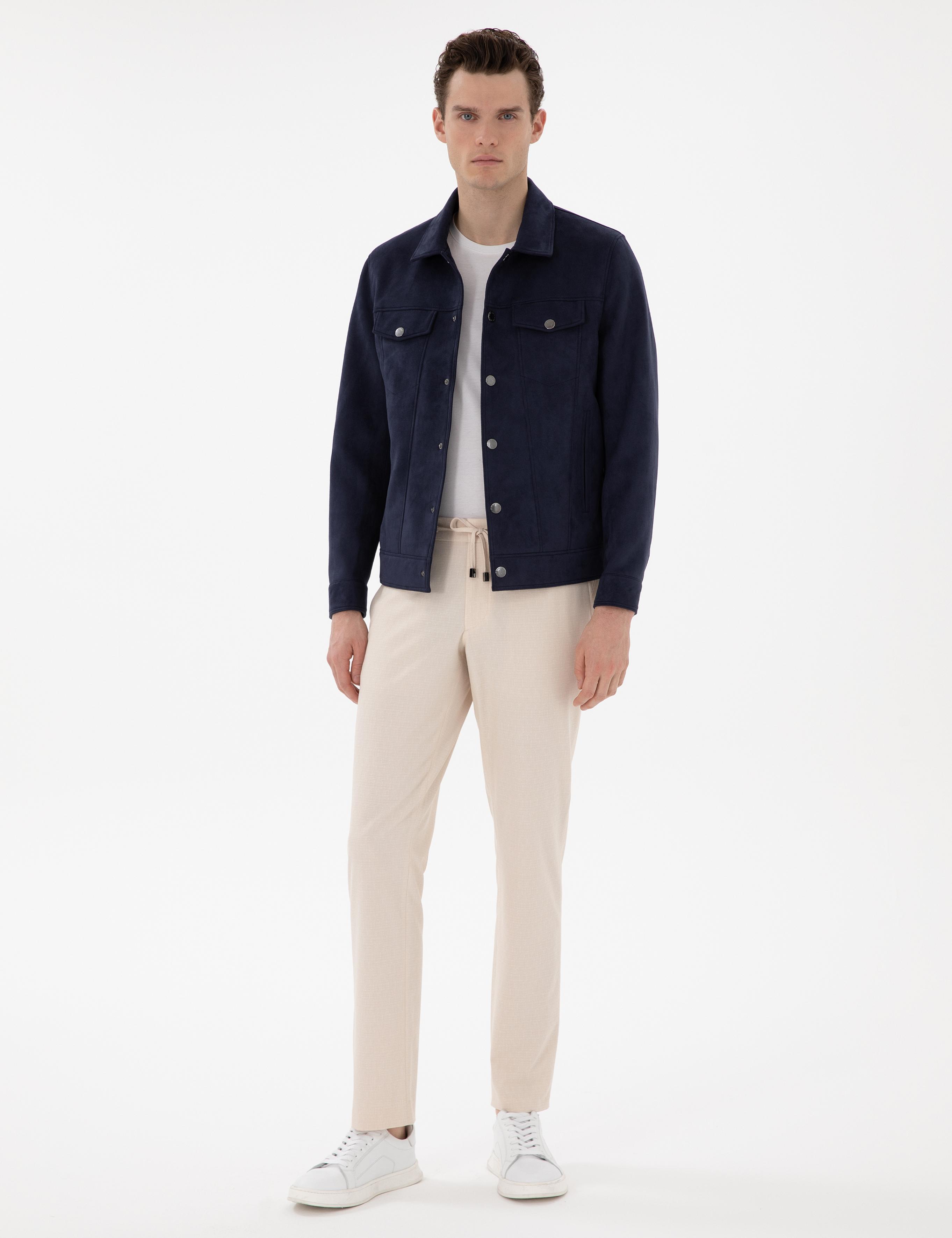 Lacivert Gömlek Yaka Suni Deri Ceket