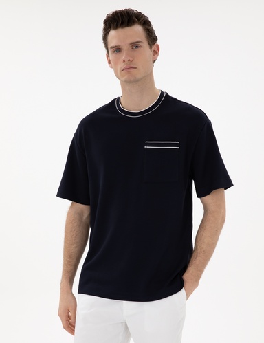 Lacivert Comfort Fit Bisiklet Yaka Tişört