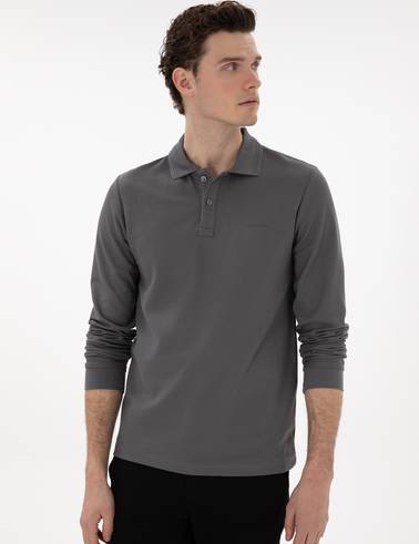 Gri Slim Fit Kıvrılmaz Yaka Sweatshirt