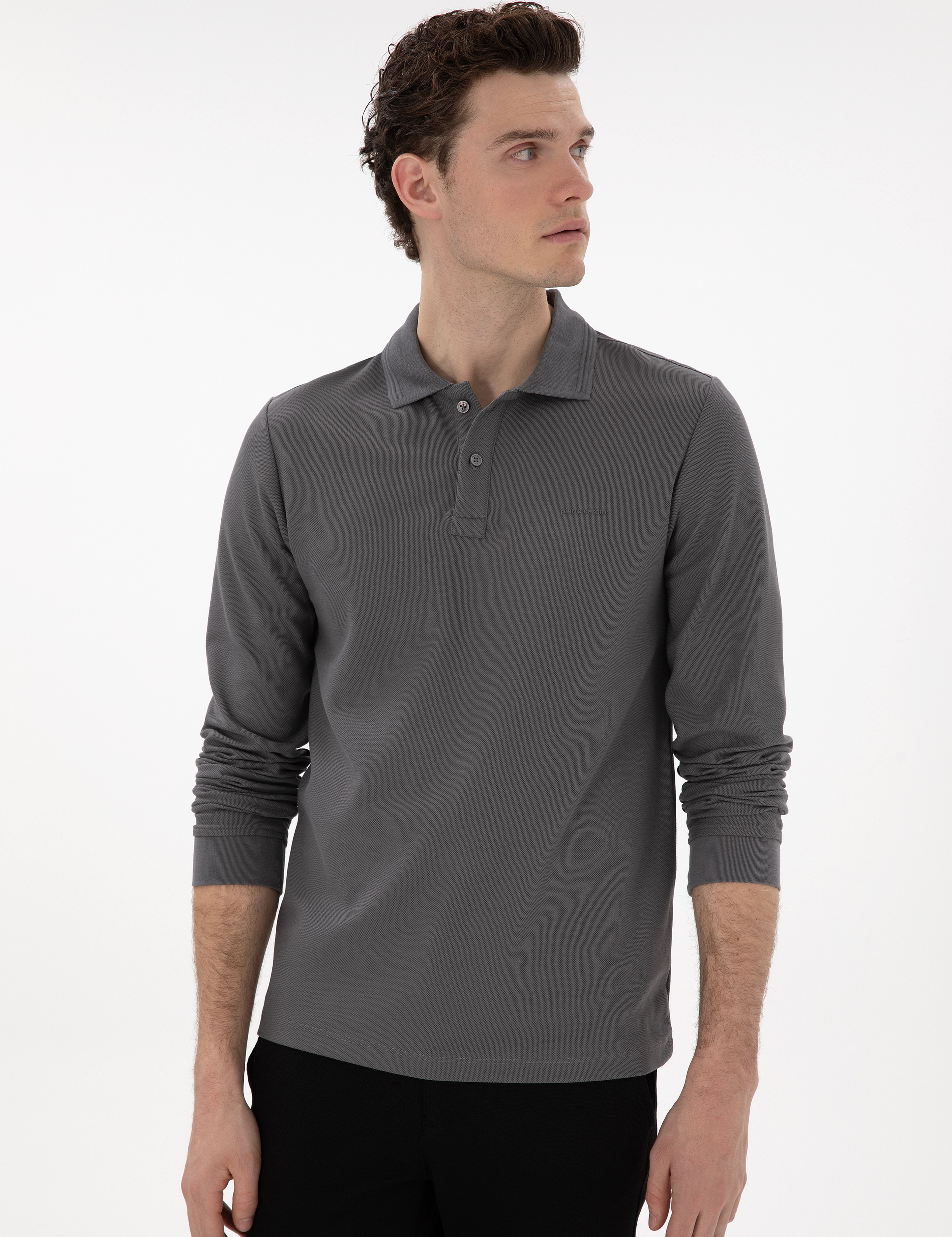 Gri Slim Fit Kıvrılmaz Yaka Sweatshirt - Image 3