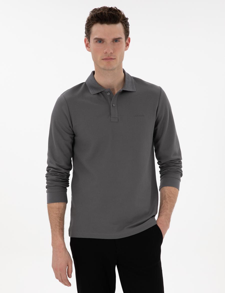 Gri Slim Fit Kıvrılmaz Yaka Sweatshirt