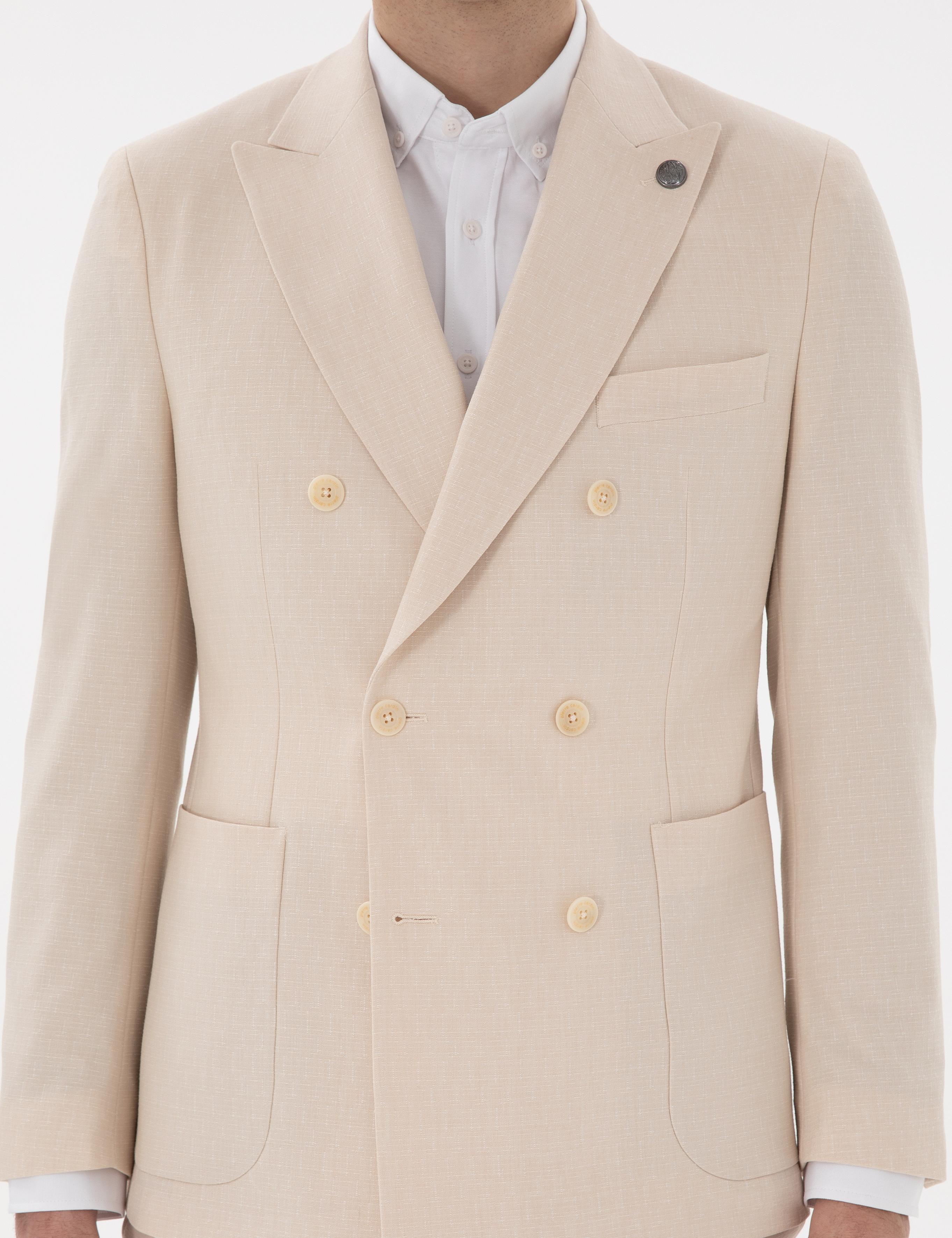 Bej Ex. Slim Fit Kruvaze Takım Elbise