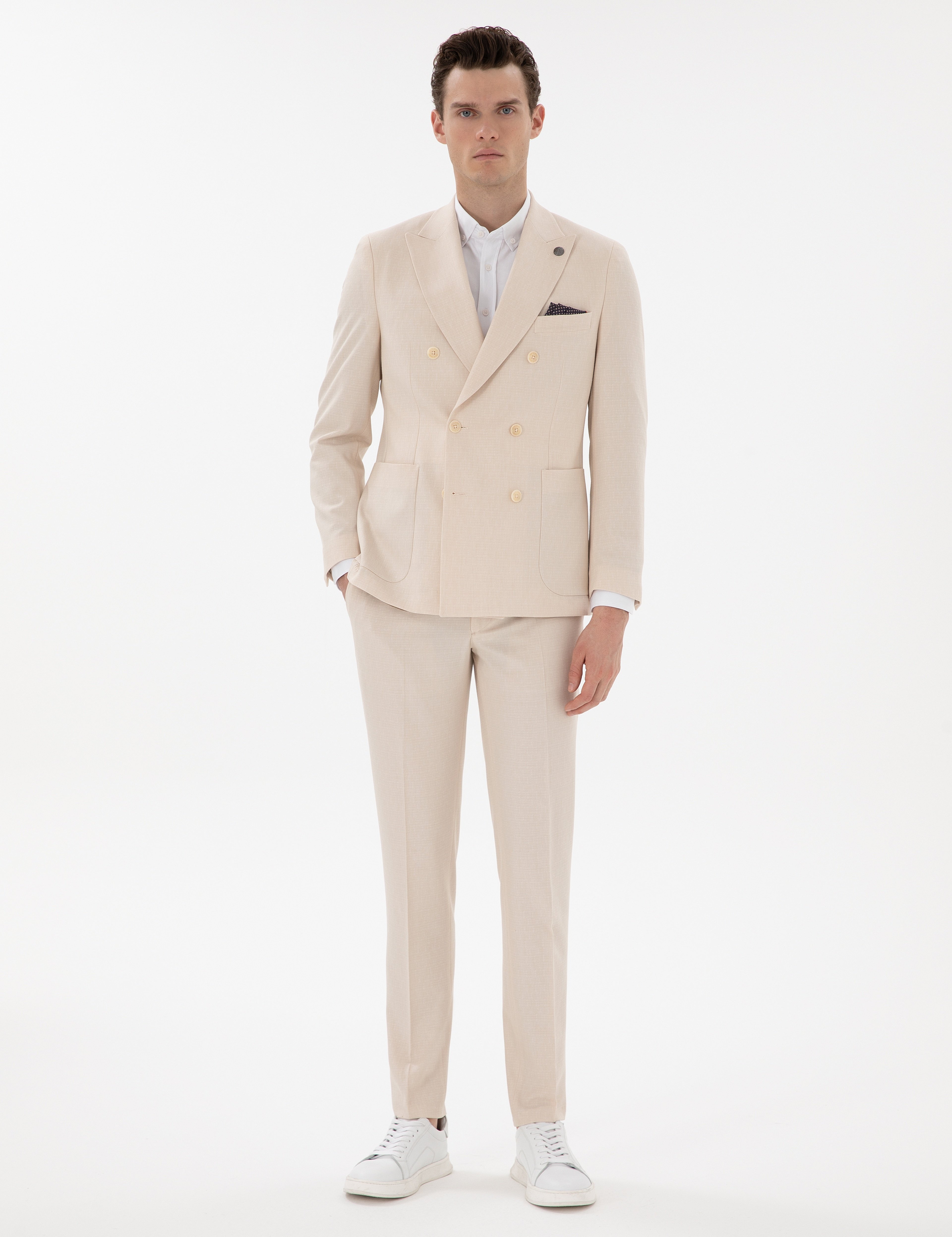 Bej Extra Slim Fit Kruvaze Takım Elbise - Image 1