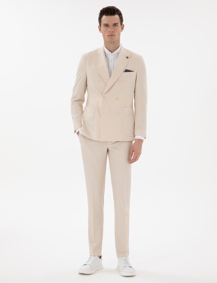 Bej Ex. Slim Fit Kruvaze Takım Elbise