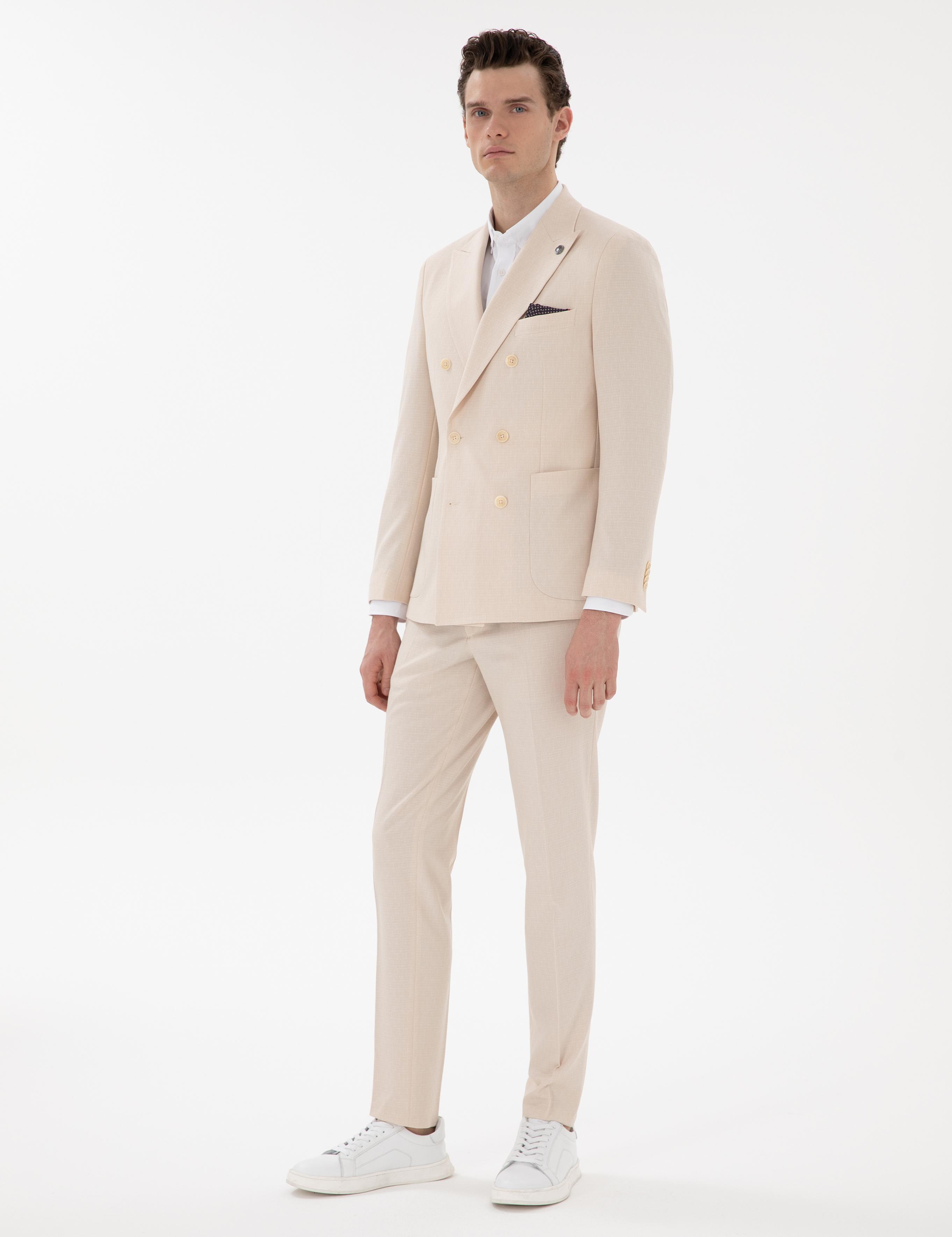 Bej Ex. Slim Fit Kruvaze Takım Elbise